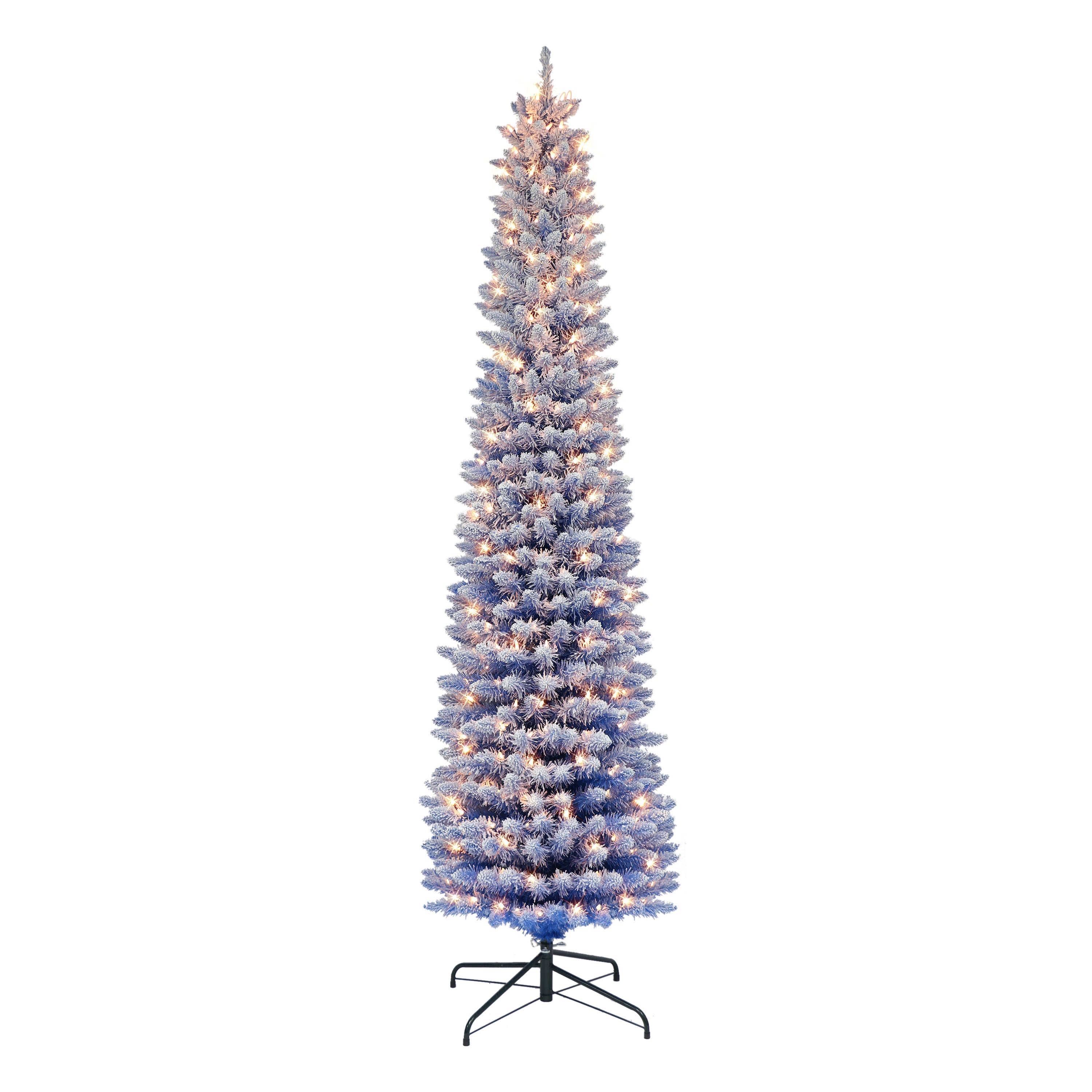 7.5 ft Pre-lit Flocked Fashion Blue Pencil Artificial Christmas Tree with 300 UL Clear Lights Metal Stand TPF9612A-75C3-BL